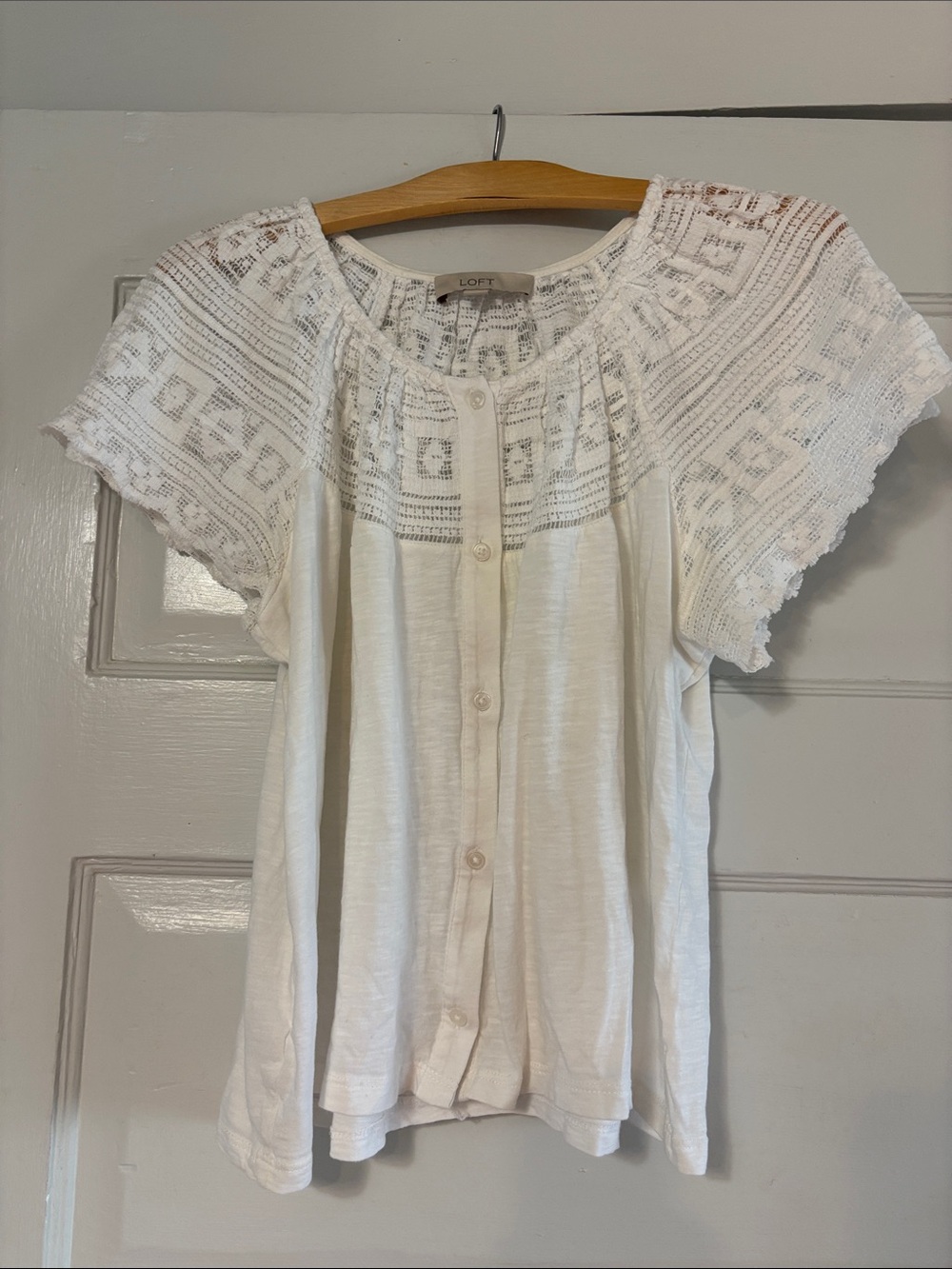 LOFT Cream Crochet Yoke Button-Front Blouse